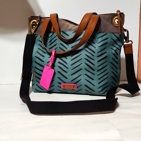 Fossil Handbags - FOSSIL bucket Keely Herringbone Coated Canvas Crossbody Purse Tote Teal Gray